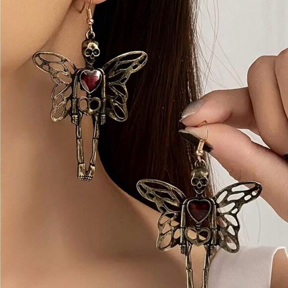 Gothic Vintage Inspired Antique Gold Tone Fairy Skeleton Earrings, Red S… - Picture 2 of 4